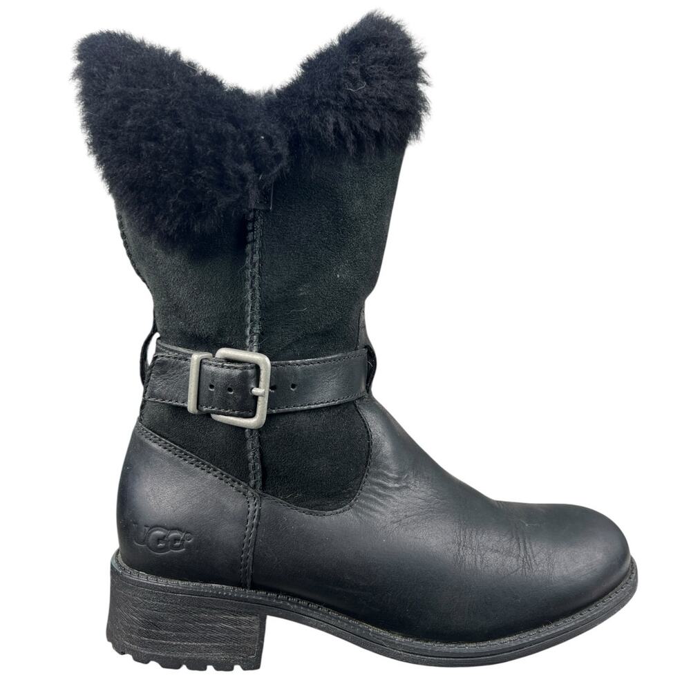 UGG Women’s Pernille Black Leather Shearling Lined Mid Winter Boot Size US 6